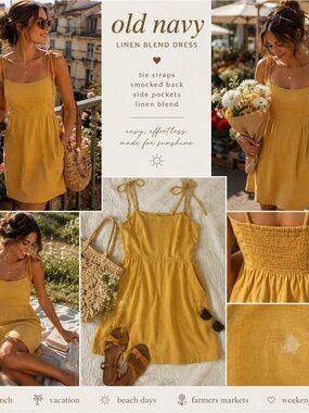 Old Navy Linen Blend Dress Medium Yellow Tie Strap Cottagecore Smocked Y2K Boho